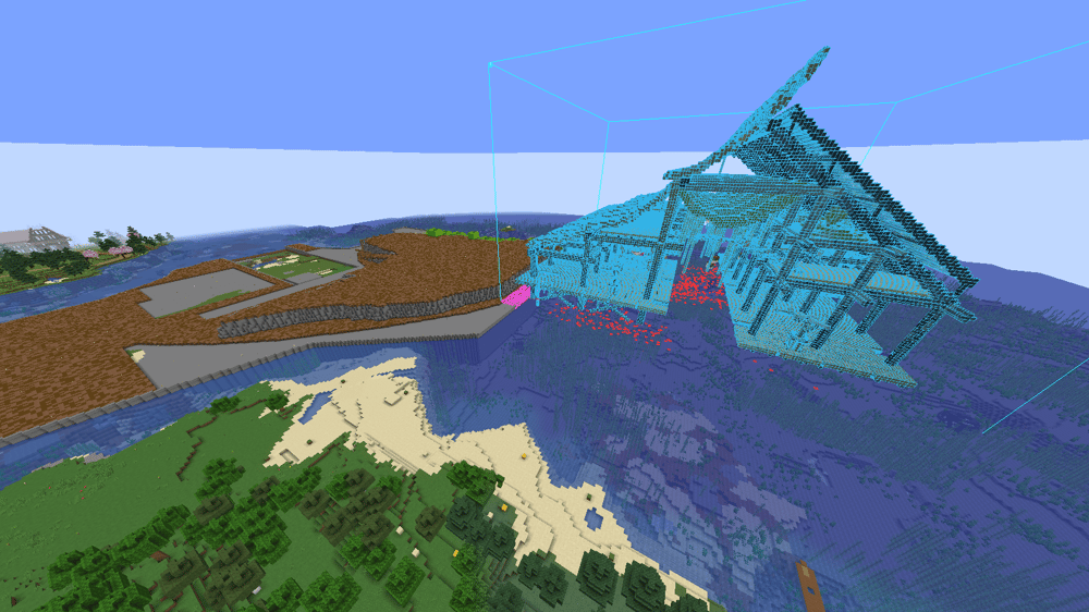 Litematica preview of the harbour building as a blue hologram above the still-empty site