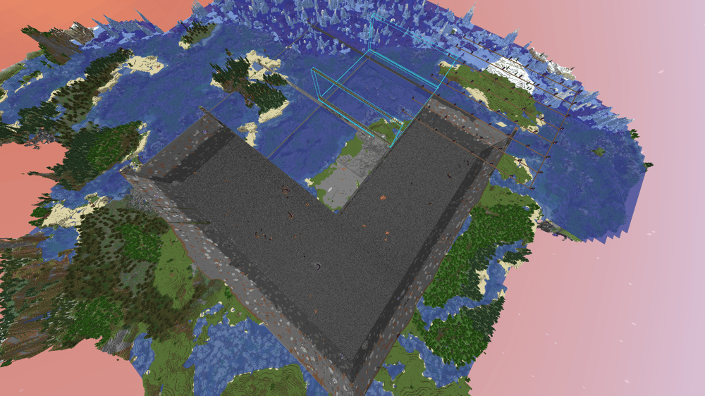 Aerial view of the excavated megabase site, an enormous V-shaped foundation cut into the terrain