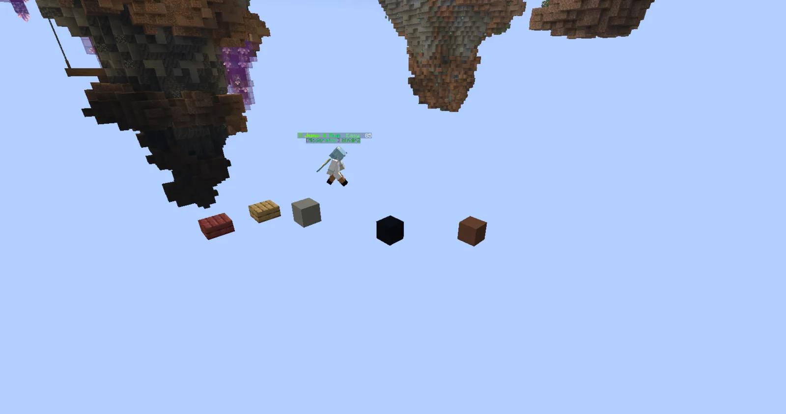A player jumps along the lobby jump'n'run in easy mode: single landing blocks hang in open sky between floating islands