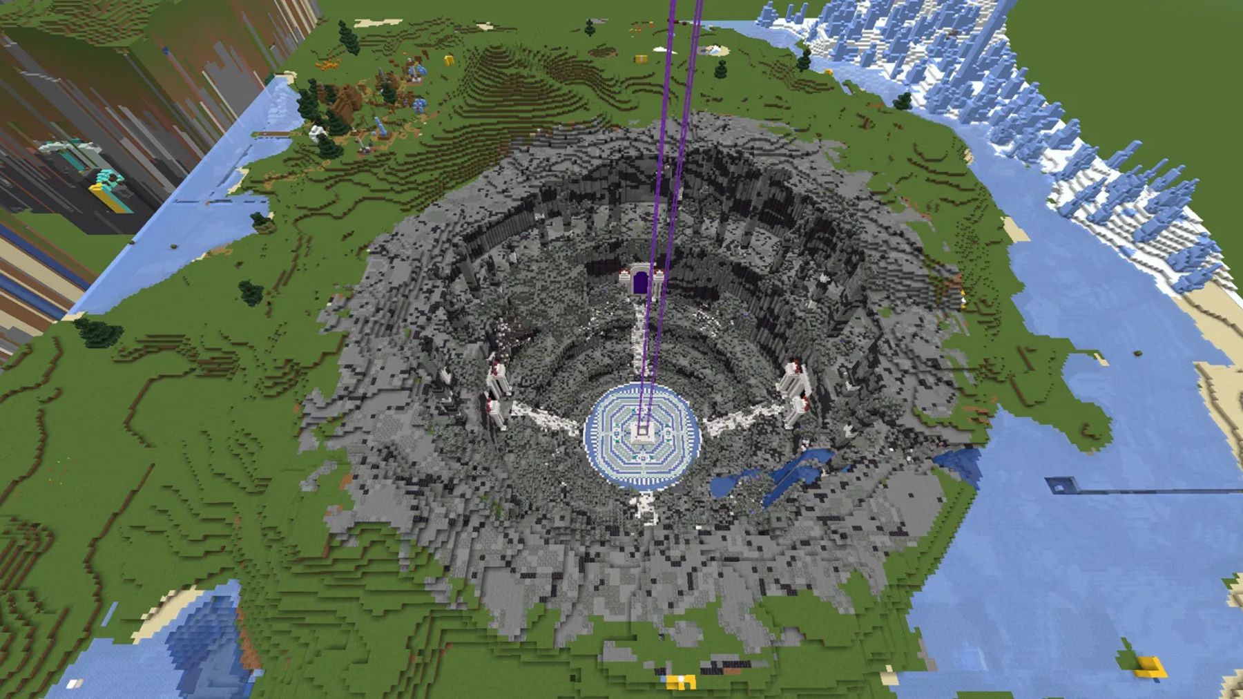 View from above of a round crater with a white portal platform at its centre, from which purple light pillars rise