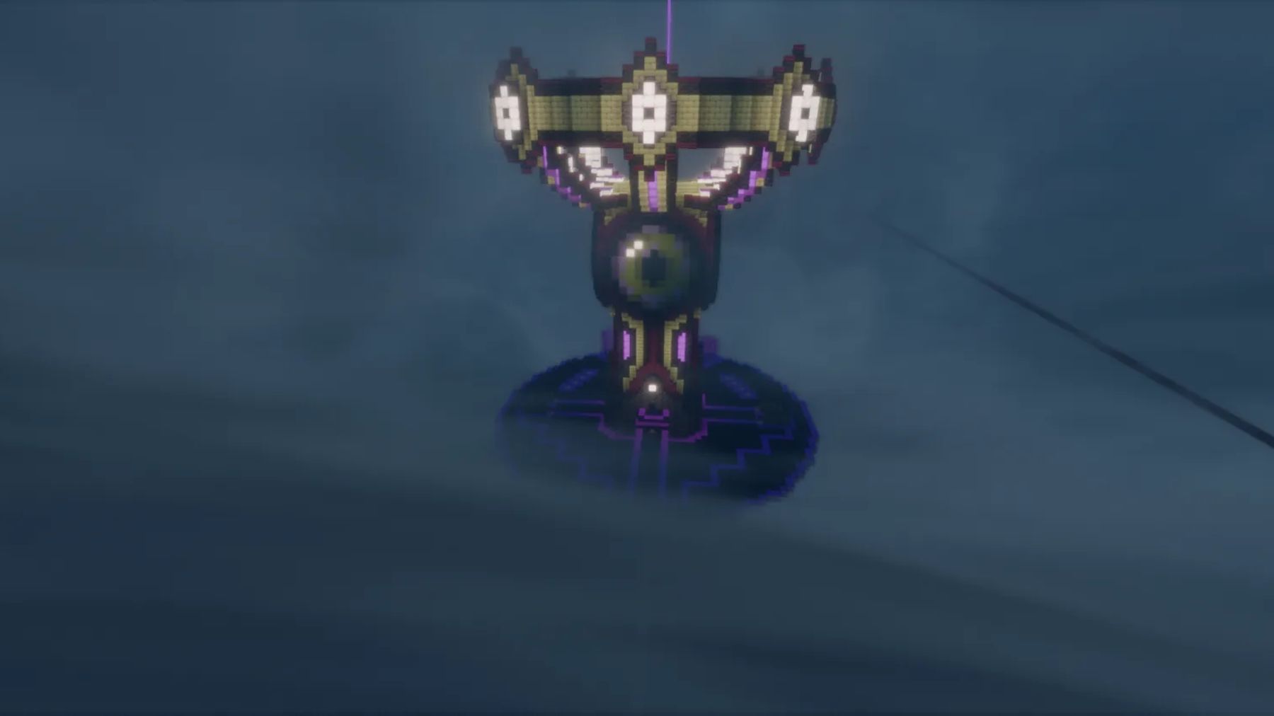 Farm tower with a huge Eye of Ender and a glowing crown, standing in the fog above a round platform in the End