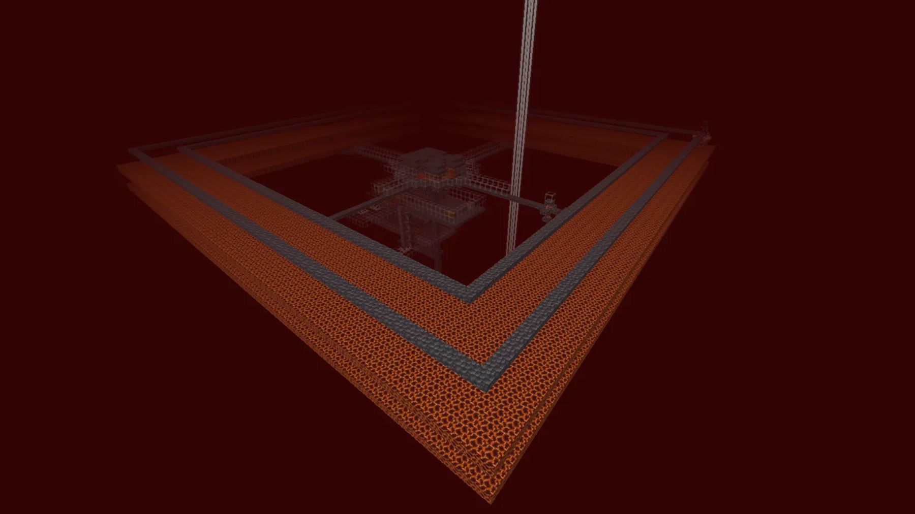 Dark red Nether view: a square platform of orange grainy blocks with a grey rim, a lattice of light blocks in the centre, and a tall pale pillar rising out of the top of the picture