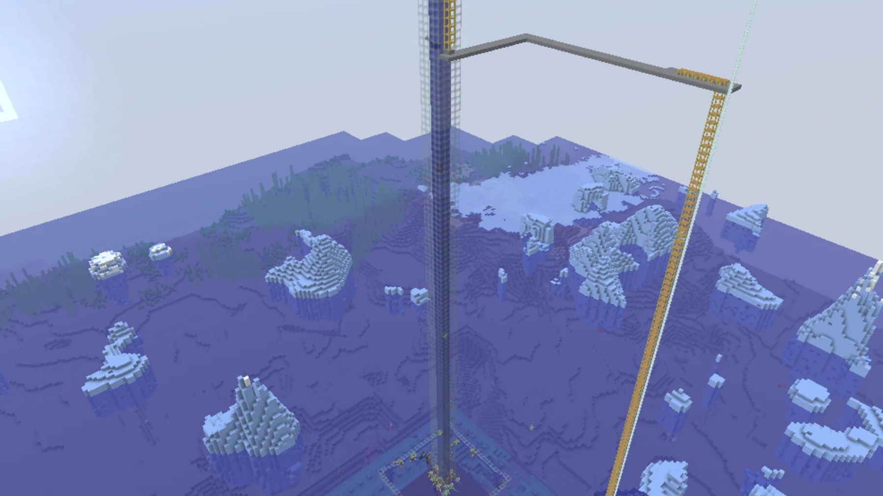 Tall, narrow shaft with a transparent chamber at the top, beside a yellow scaffold and a horizontal arm, surrounded by icy snow formations