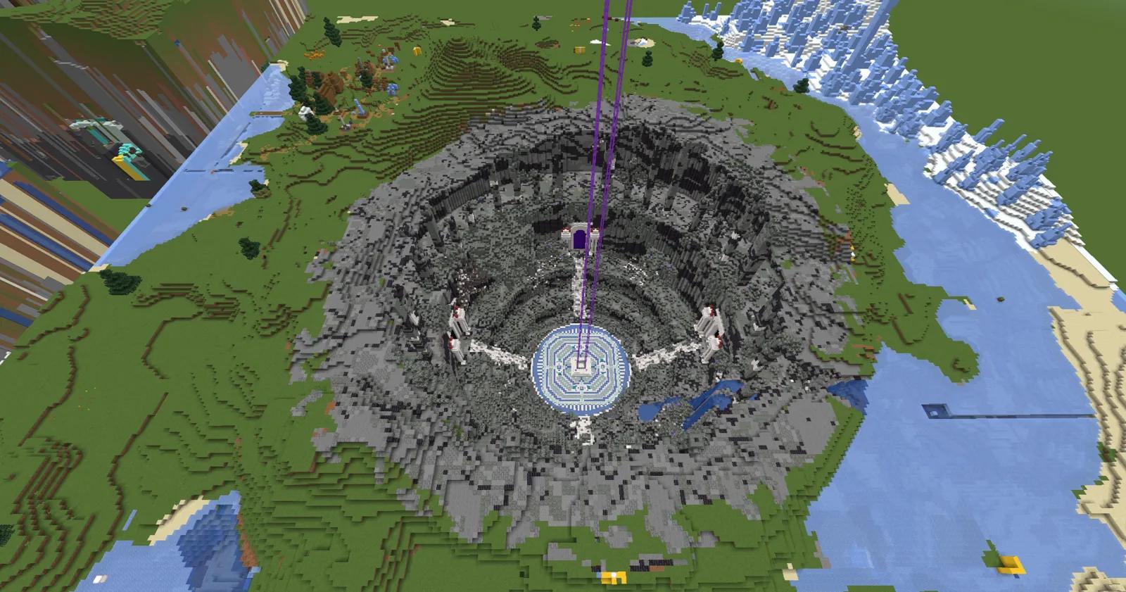 View from above of a round crater with a white portal platform at its centre, from which purple light pillars rise