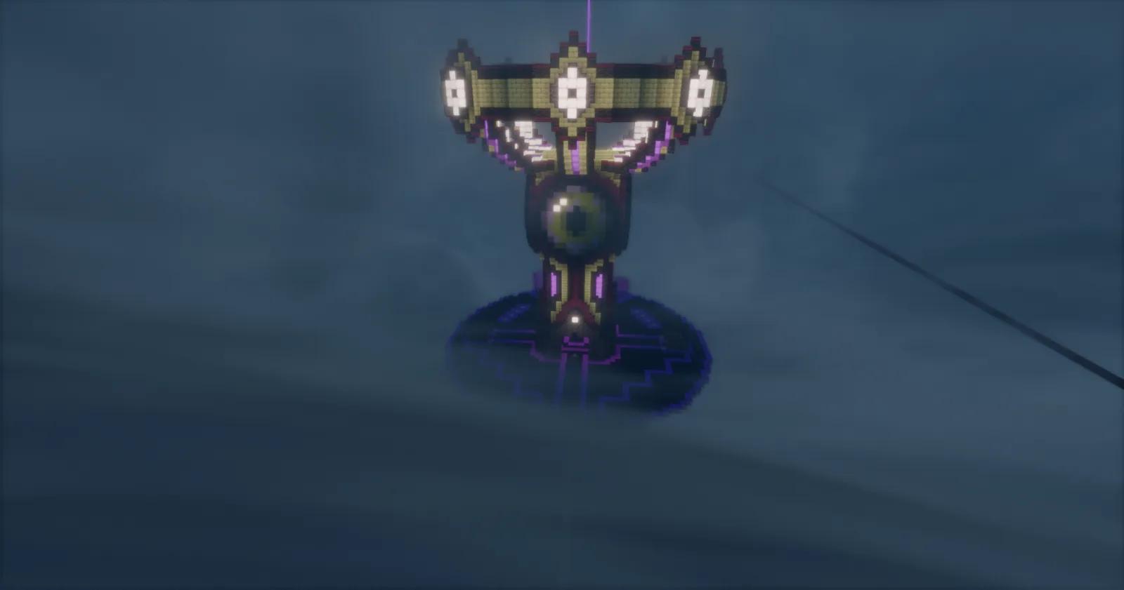 Farm tower with a huge Eye of Ender and a glowing crown, standing in the fog above a round platform in the End