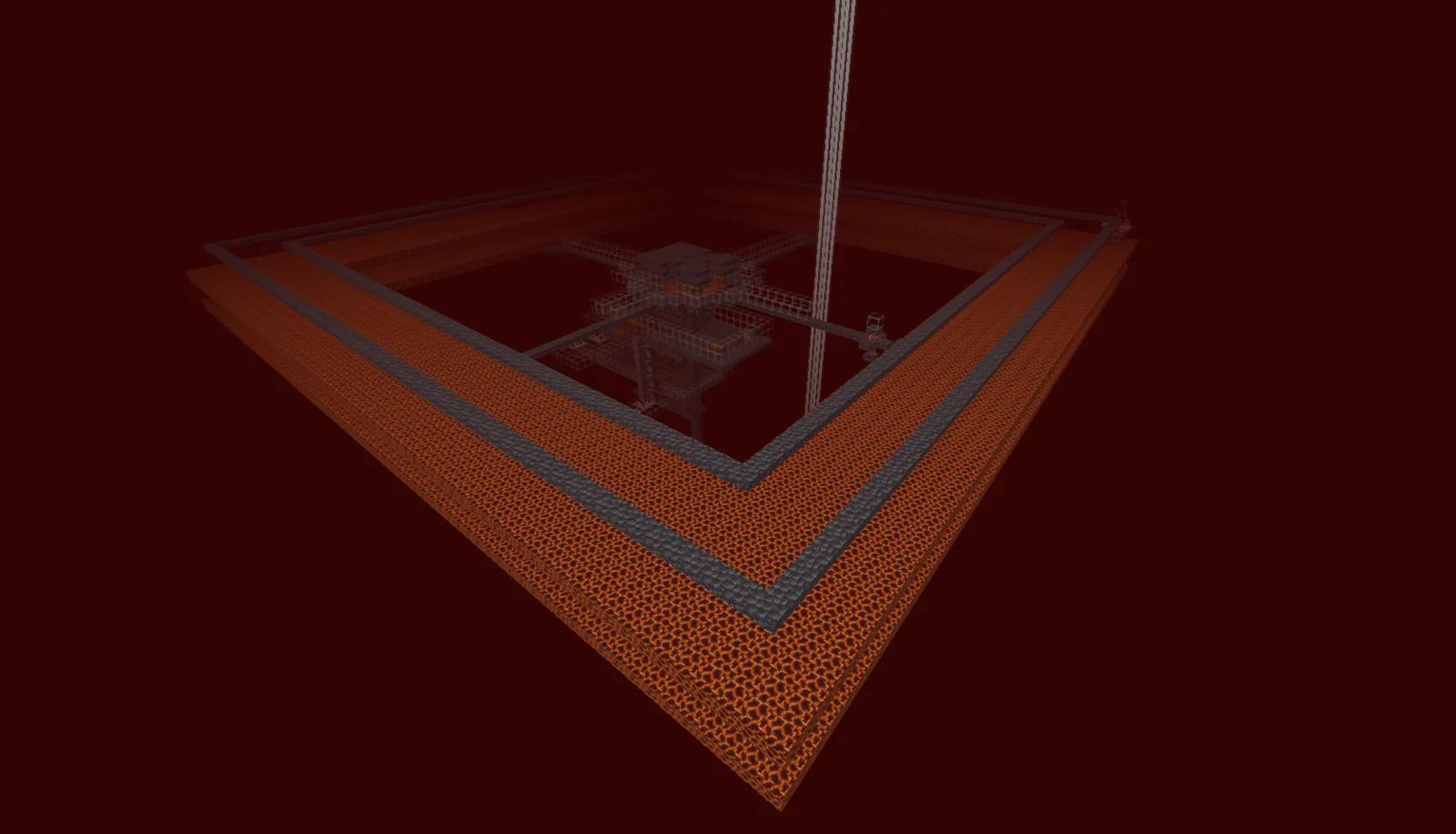 Dark red Nether view: a square platform of orange grainy blocks with a grey rim, a lattice of light blocks in the centre, and a tall pale pillar rising out of the top of the picture