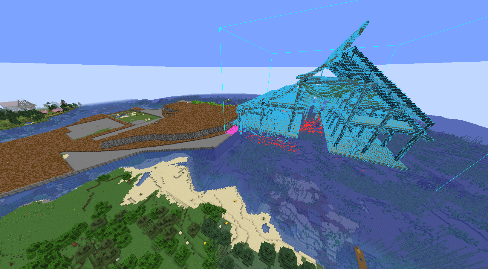 Litematica preview of the harbour building as a blue hologram above the still-empty site