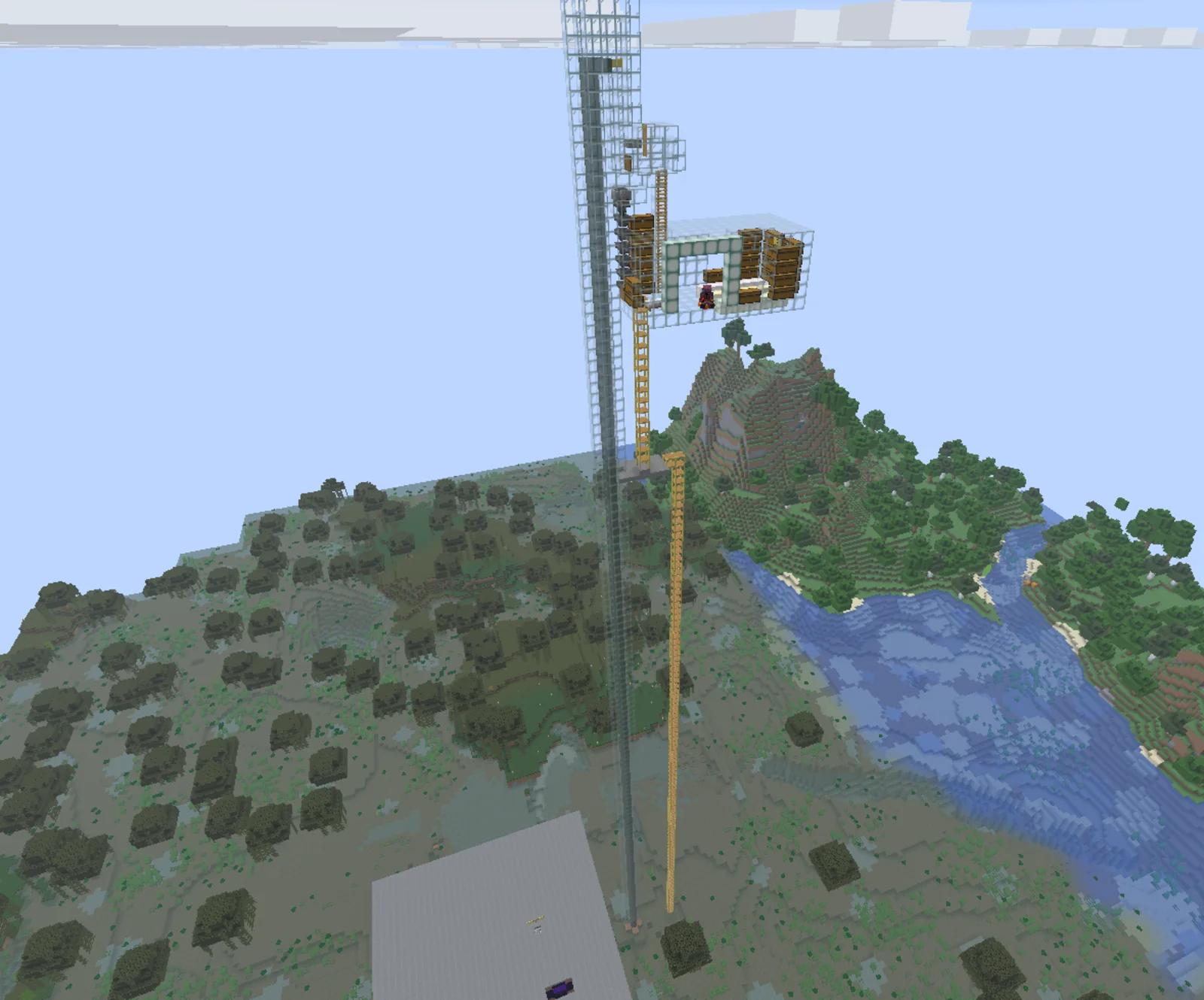 Tall, see-through tower with a wood-and-glass chamber at the top, beside yellow scaffolds, with forest and a river in the background