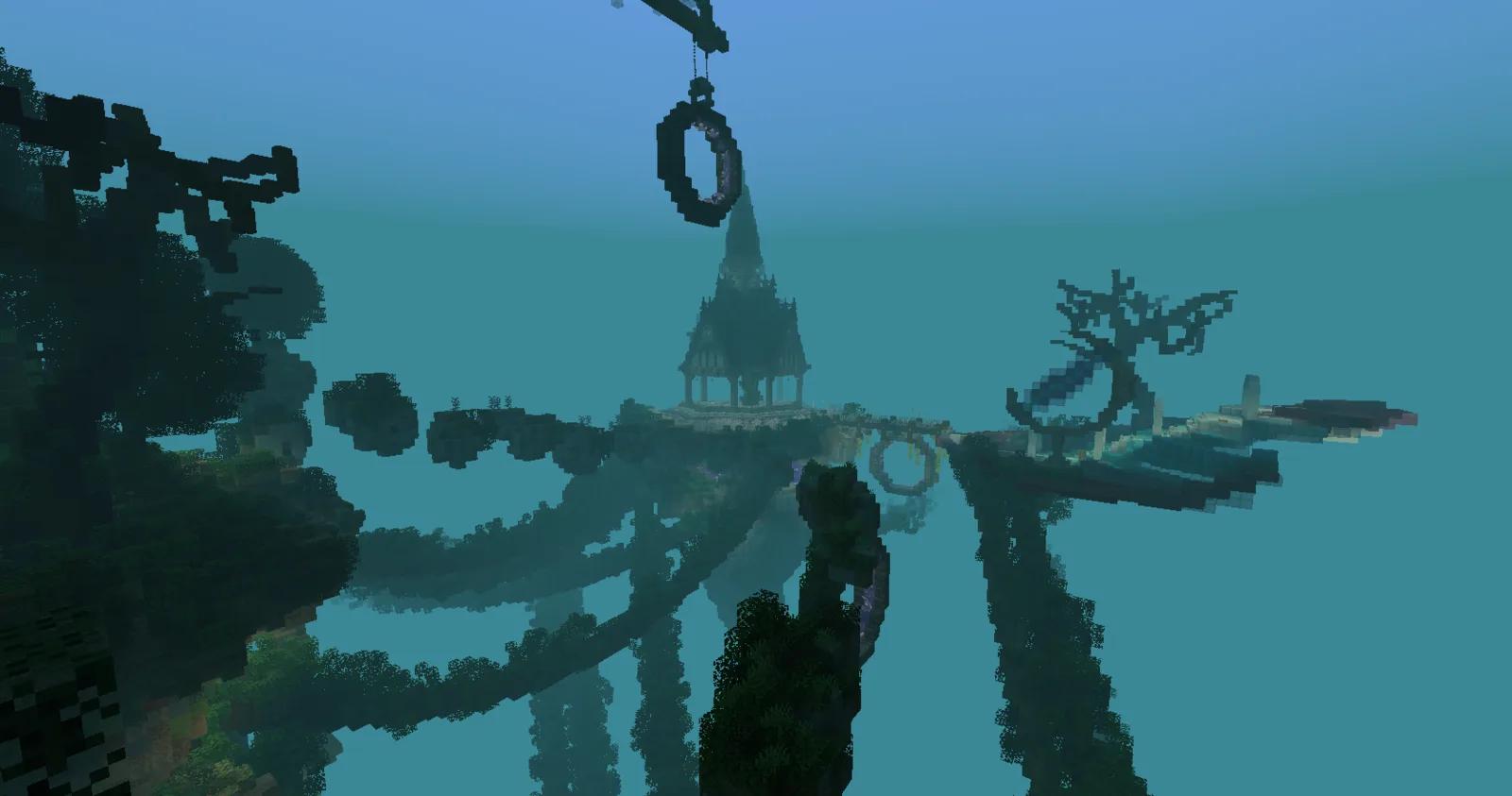 Floating islands in thick teal fog: a pointed temple on the central island, a dark ring hanging from chains above it, overgrown bridges between the islands and a bare, twisted tree on the right