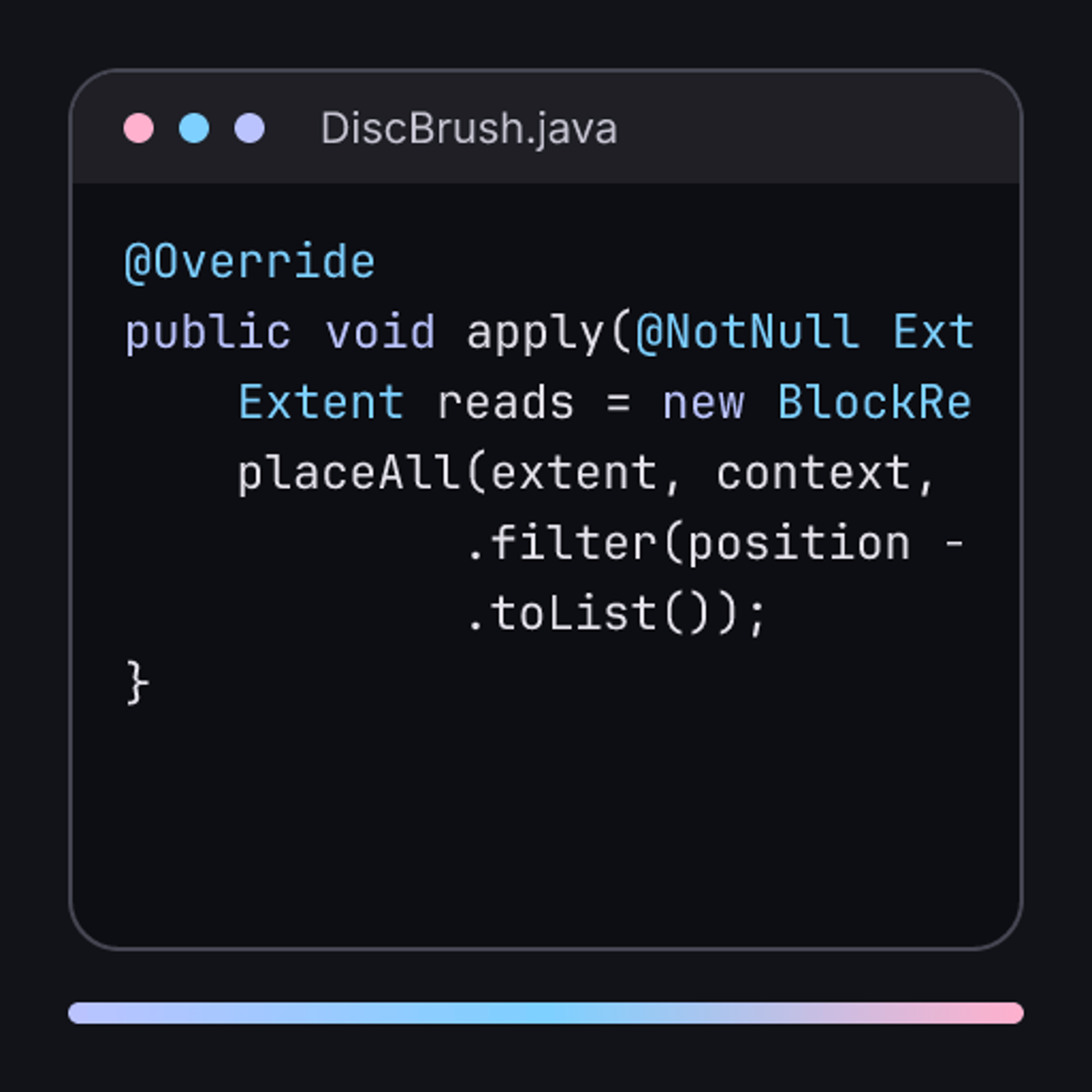 Code excerpt from BetterGoPaint, DiscBrush.java: how the disc brush applies a stroke