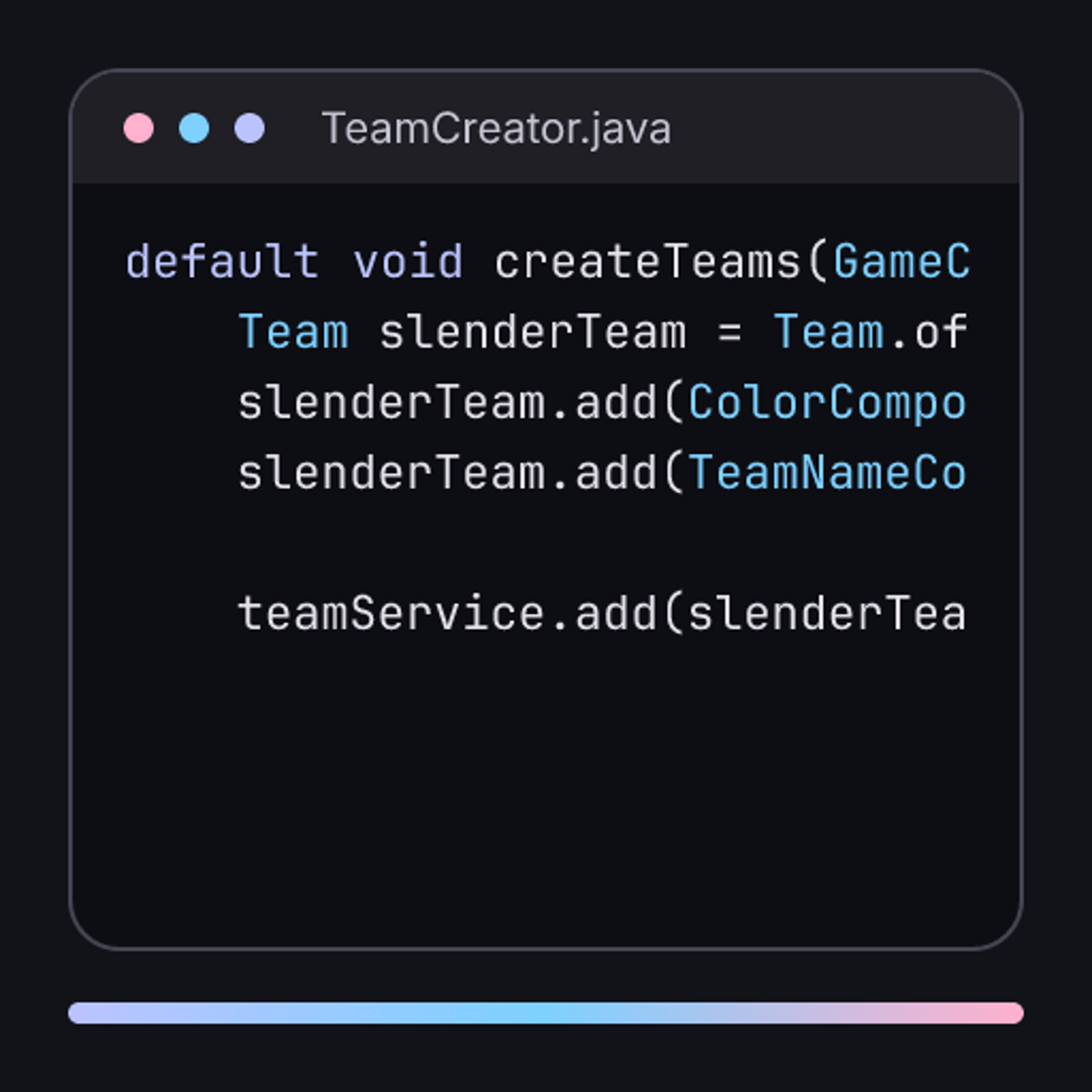 Code excerpt from the Slender source code, TeamCreator.java: creating the teams of a game