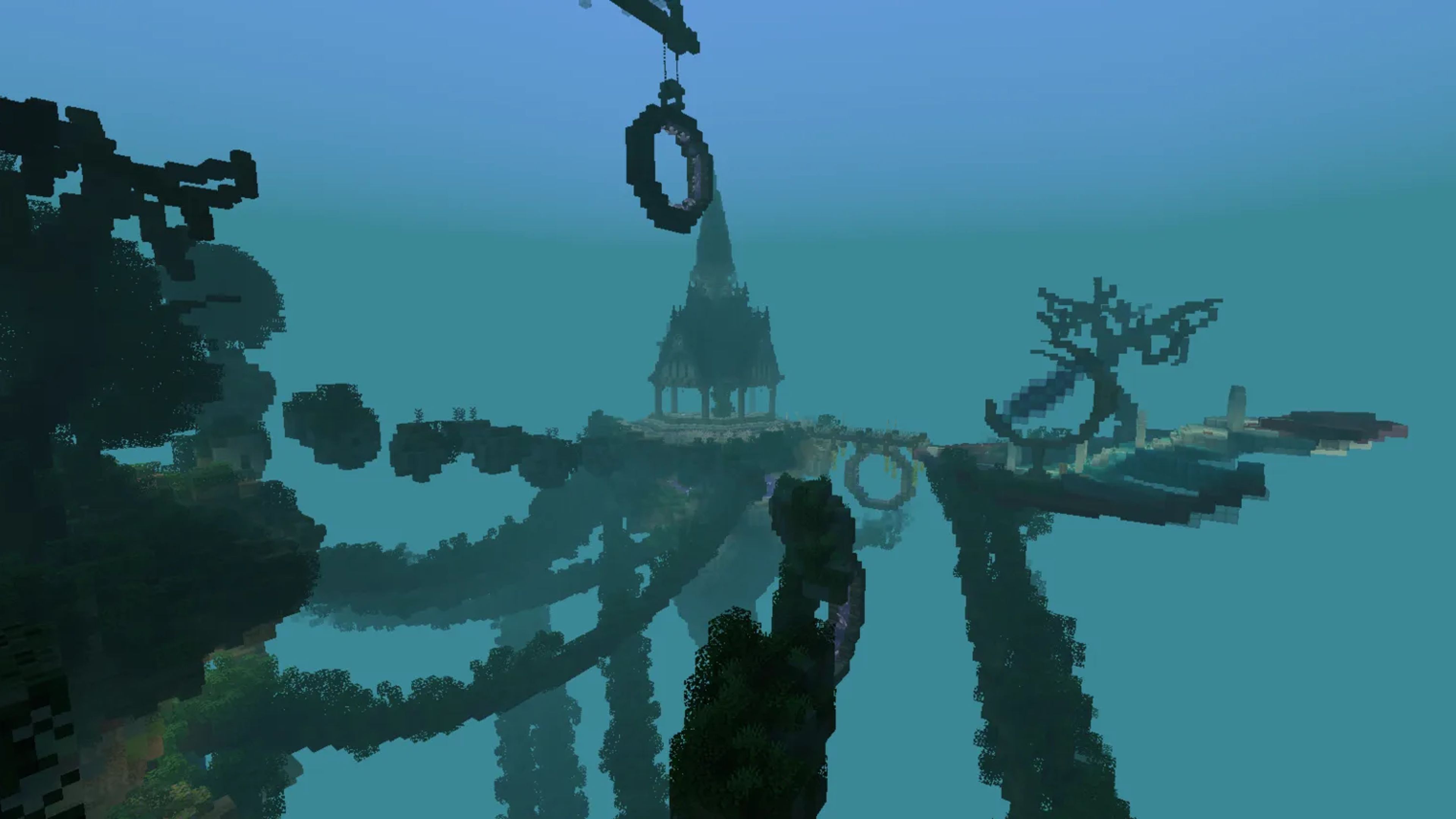 Floating islands in thick teal fog: a pointed temple on the central island, a dark ring hanging from chains above it, overgrown bridges between the islands and a bare, twisted tree on the right