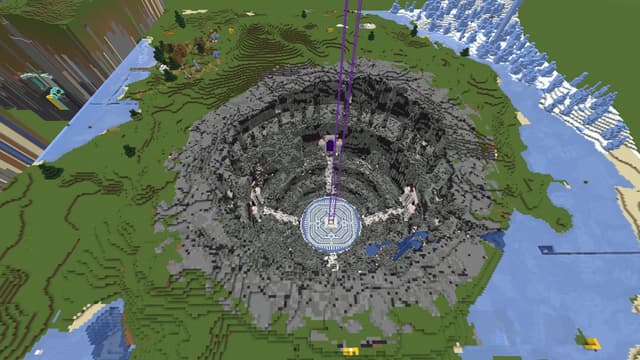 View from above of a round crater with a white portal platform at its centre, from which purple light pillars rise