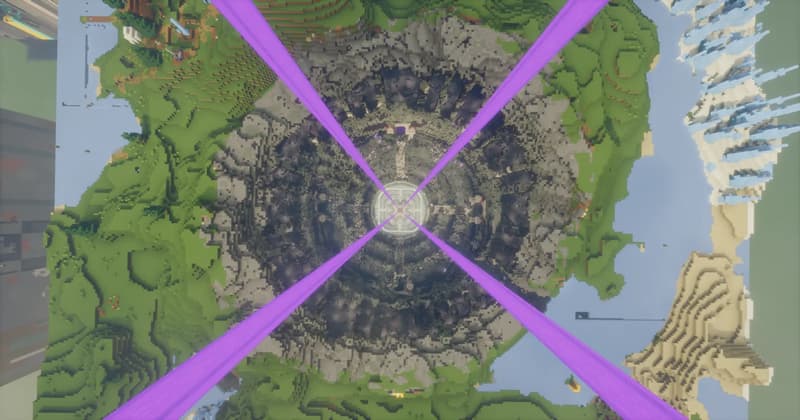 View from above into the crater: several purple light beams run diagonally from the portal to the corners of the image, with rock and water all around