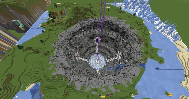 View from above of a round crater with a white portal platform at its centre, from which purple light pillars rise