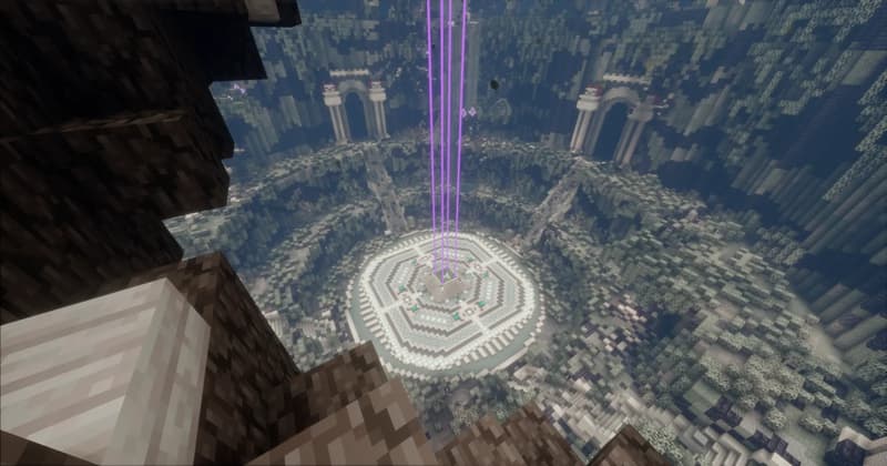 View from a rise onto the round platform with concentric patterns of white steps, with several purple light pillars above it