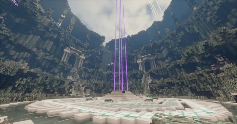 Wide-angle view of the platform with several purple light pillars, rock walls with arches and columns on both sides, water in the foreground