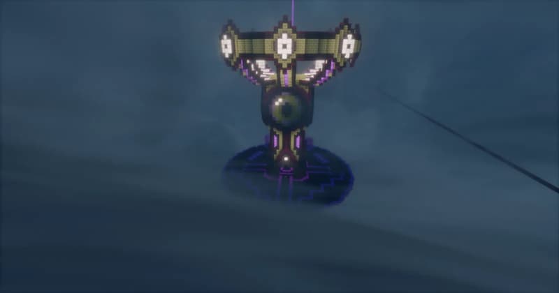 Farm tower with a huge Eye of Ender and a glowing crown, standing in the fog above a round platform in the End