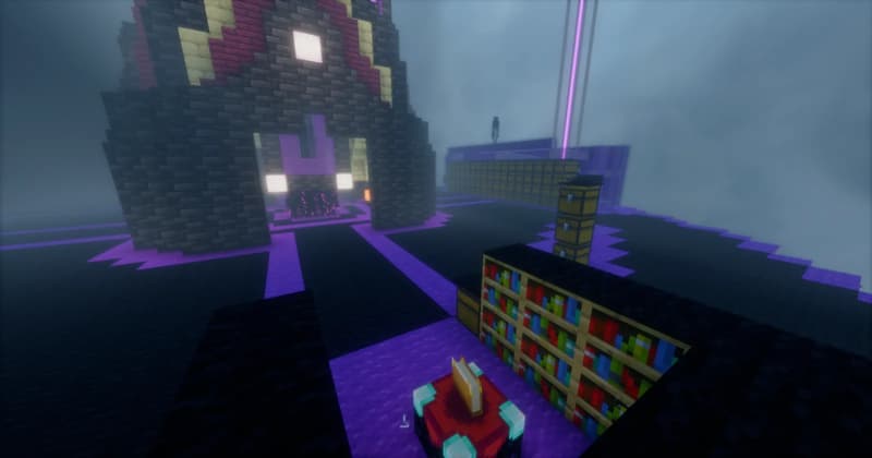 An enchanting table in front of bookshelves on a purpur floor, with the tower entrance and a long row of chests behind it