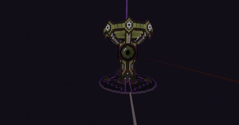 The same tower without fog against a dark sky: a crown of end stone with three bright lights, the Eye of Ender below it and a round platform with a purple pattern