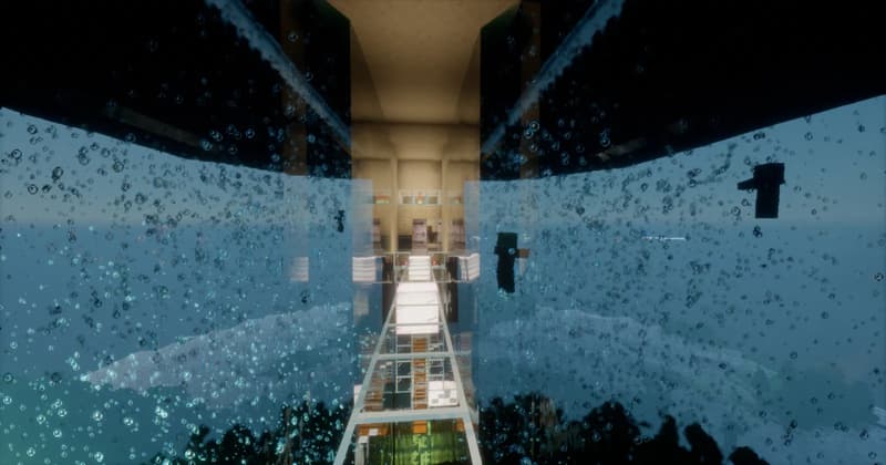 Underwater inside the tower: a glass walkway leads towards a sandstone-coloured room, with bubbles and a few mobs floating in the water