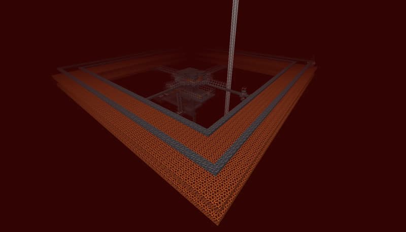 Dark red Nether view: a square platform of orange grainy blocks with a grey rim, a lattice of light blocks in the centre, and a tall pale pillar rising out of the top of the picture