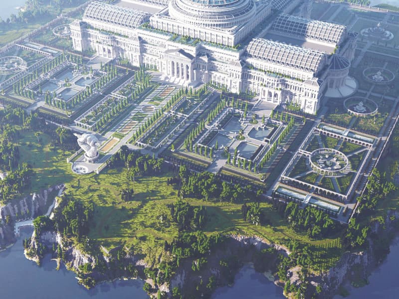 Aerial view of the Uncensored Library, a white library complex with a dome and formal gardens — an external build, not on our server