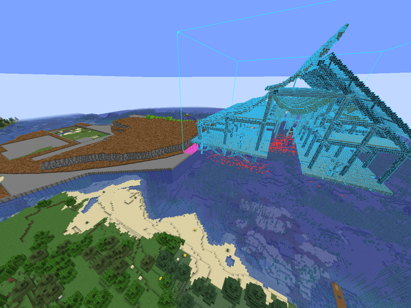 Blue Litematica hologram of the harbour building over the bay, with the levelled build site beside it