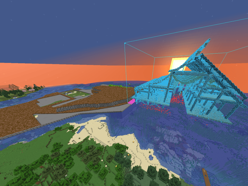 The same hologram at dusk, the outline of the planned roof against the sunset