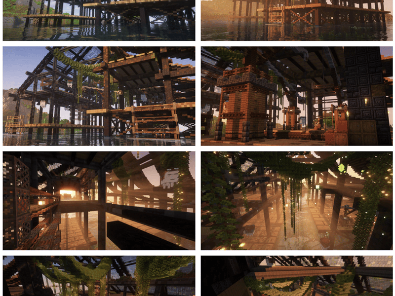 Eight rendered detail views of the same dock building with vines and interiors — an external reference build, not on our server