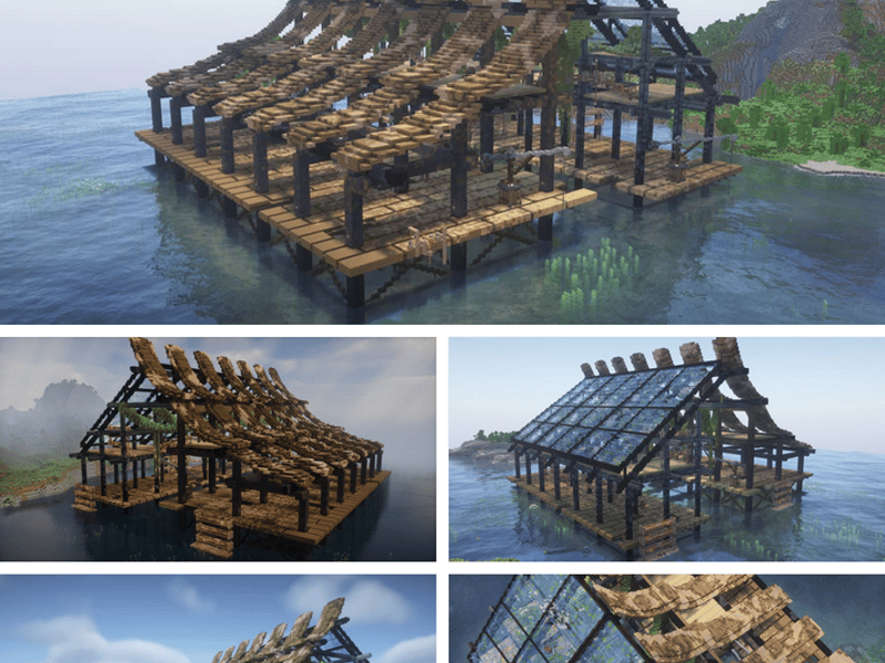 Five rendered exterior views of a wooden dock building on stilts — an external reference build, not on our server