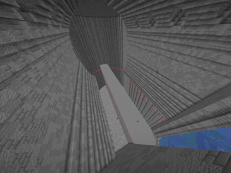 View from below between two massive stone walls of the maze, a red marker line running along the edge