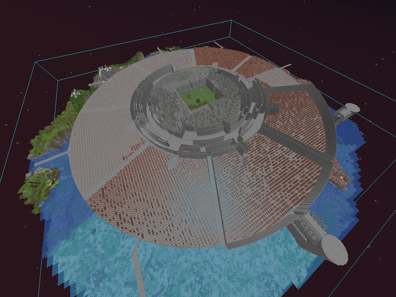 Night-time overview of the circular maze, enclosed by the cyan Litematica bounding box