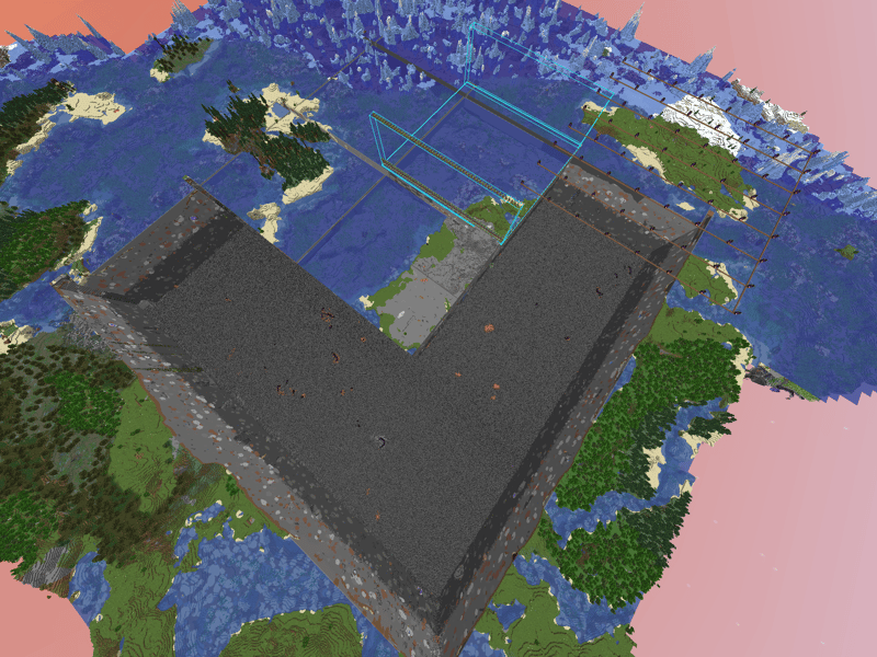 Wide aerial shot of the build site: an enormous V-shaped foundation of dark stone, with the cyan Litematica outline beside it